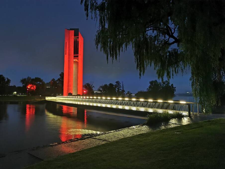The National Carillon turned orange on Wednesday night as part of Zonta's campaign to stop violence against women. Picture: Facebook