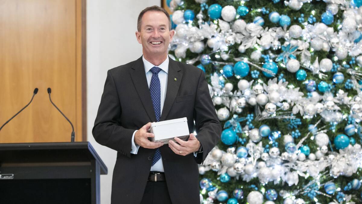 House of Representatives Speaker Andrew Wallace pushes the button to light up the Parliament House Giving Tree on Thursday. Picture: Keegan Carroll
