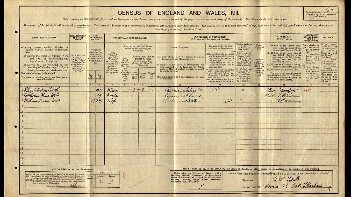 The 1911 Census of England and Wales in which a teenager's occupation was put as "hiding at home". Picture: Supplied
