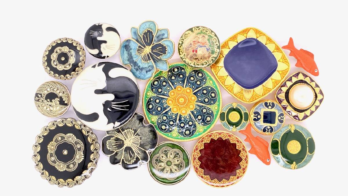 Contemporary enamelled buttons. Picture supplied 