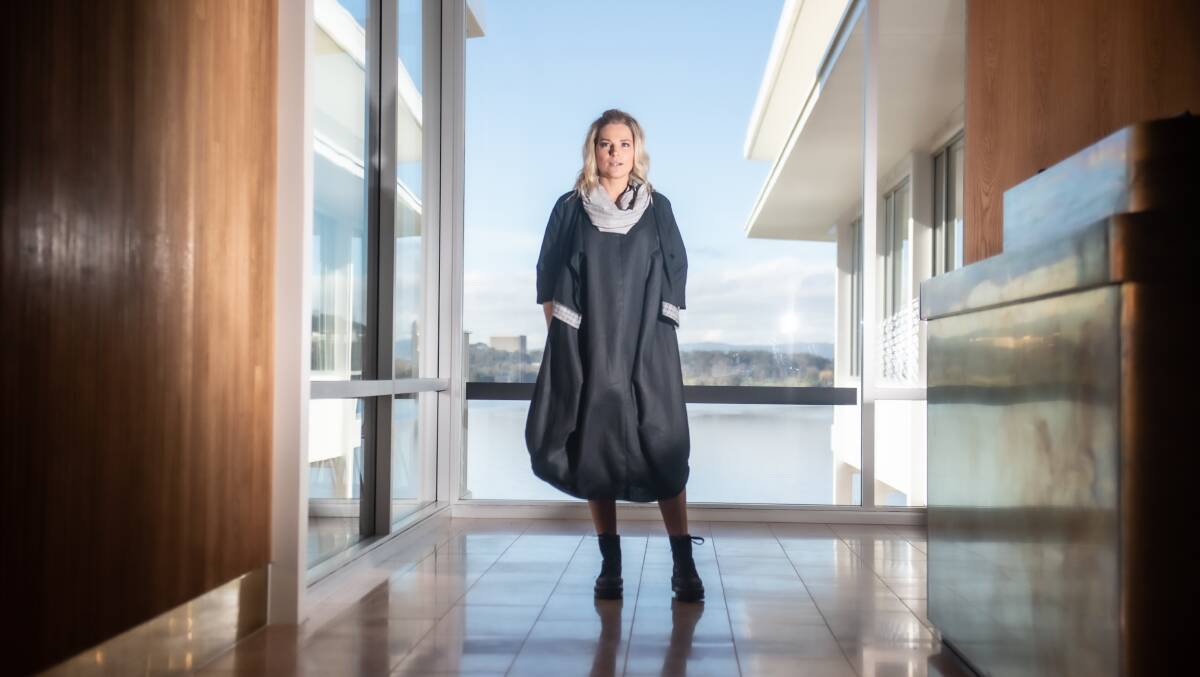 Liberals business spokeswoman Leanne Castley in a Karee Lee jacket and dress in the lobby of the new The Marion function centre on Lake Burley Griffin. Picture: Karleen Minney