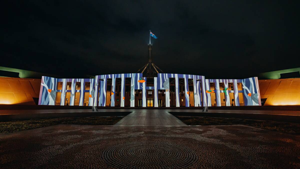 Eggpicnic birds fly across Parliament House for Enlighten. Picture by Tim Ngo