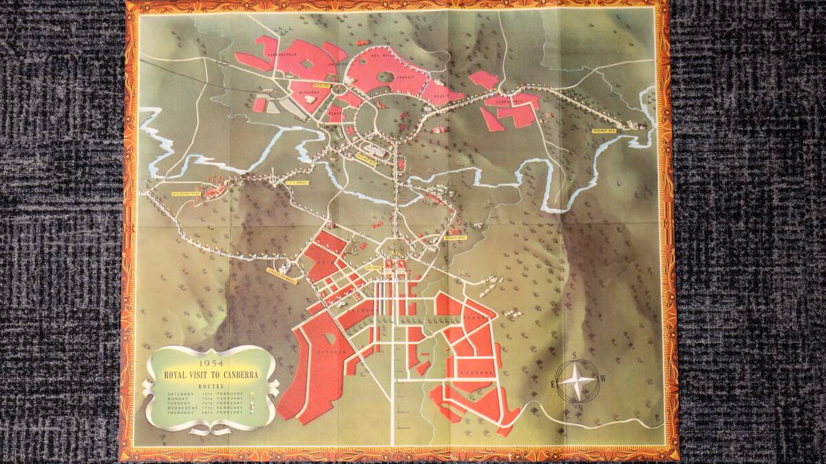 A 1954 map showing Canberrans the best places to see the Queen during her triumphant tour. Narrabundah was then the southern-most suburb of the national capital. Picture: James Croucher
