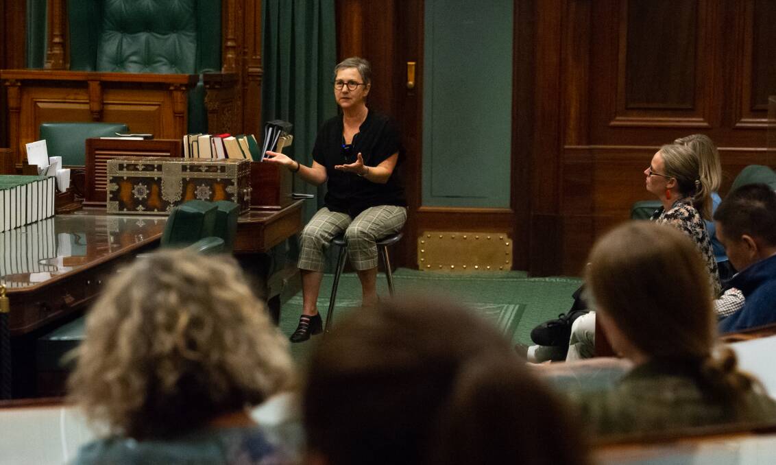 Political cartoonist of the year Cathy Wilcox earlier this month spoke to more than 60 ACT civics and citizenship teachers at Old Parliament House. Picture: Elesa Kurtz