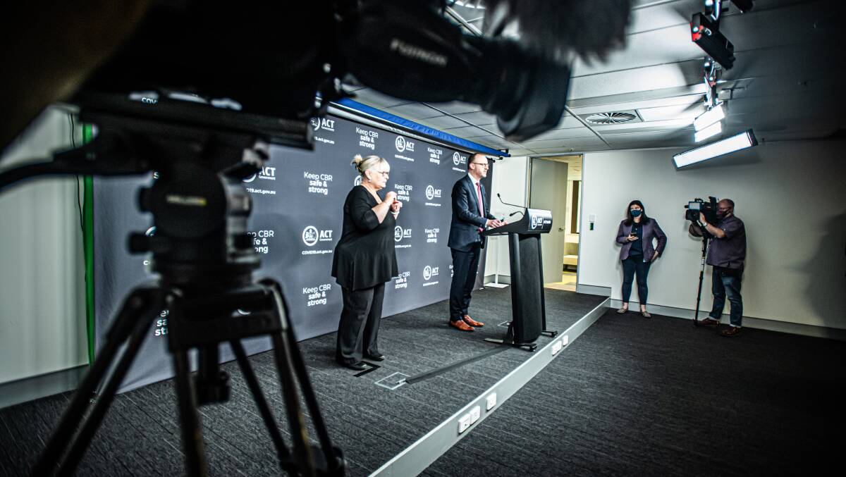 ACT Chief Minister Andrew Barr at one of the recent COVID update press conferences. Picture: Karleen Minney
