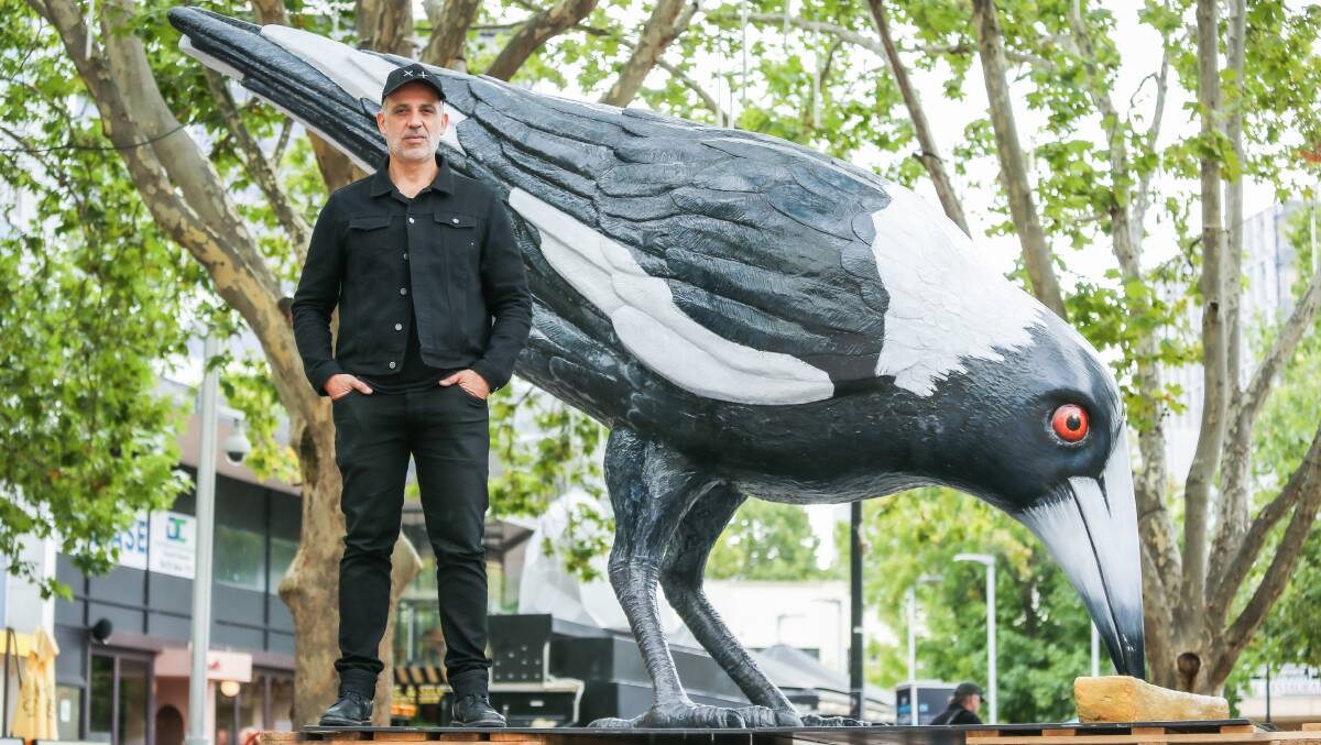 He's here! Big Swoop in Garema Place with his creator Yanni Pounartzis. Picture: James Croucher
