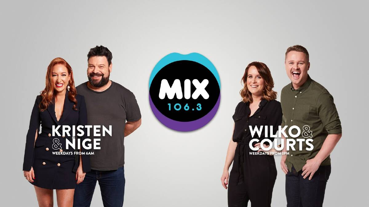 Canberra FM personalities, MIX 106.3 breakfast presenters Kristen Davidson and Nigel Johnson (left) and MIX 106.3 drive presenters Courtenay Kneen and Neil Wilcock. Picture: Supplied