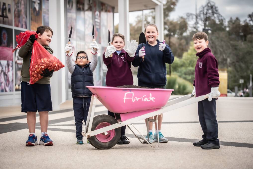 Canberra school children Hudson Cotter-McGhaey, 8, Toby Joyce, 4, Evie Anrath, 8, Poppy Cotter-McGhaey, 10, and Noah Anrath, 6 help with Thursday's Floriade launch. Picture: Karleen Minney