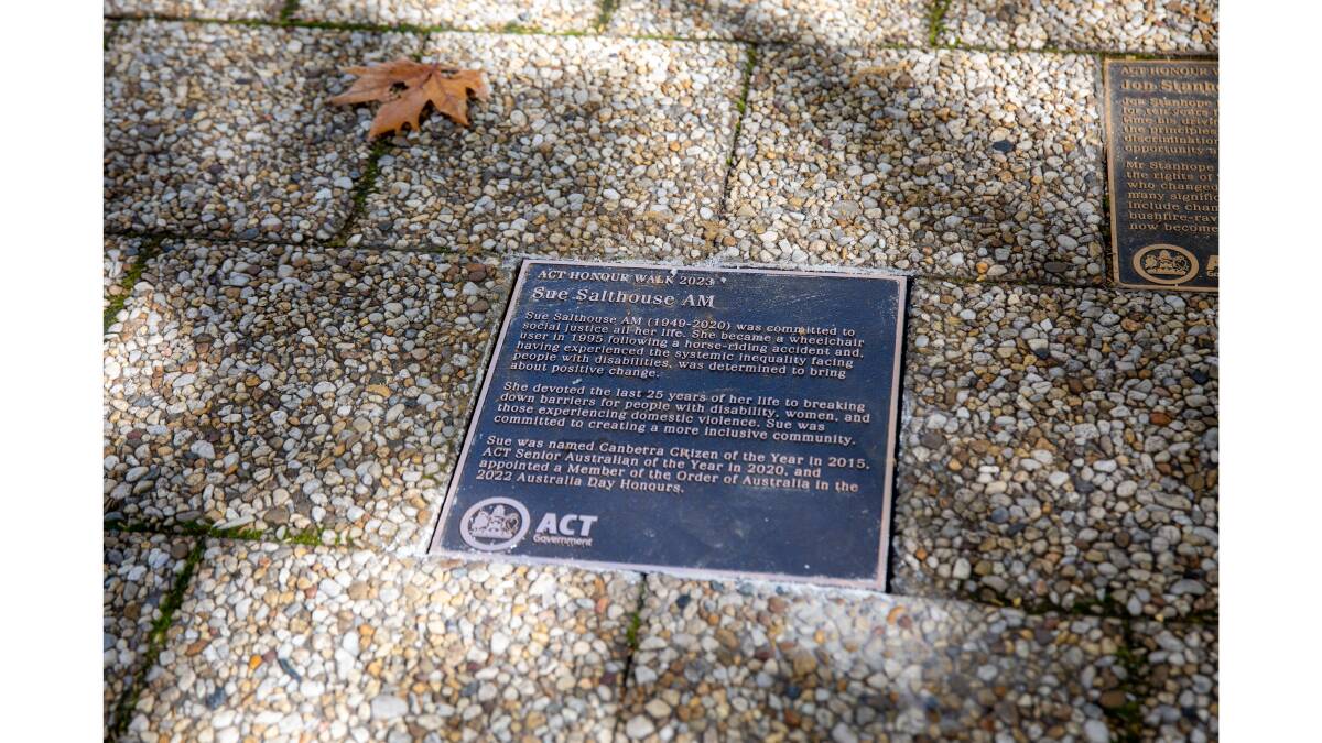 One of the new plaques in the ACT Honour Walk, this one for the late disability advocate Sue Salthouse. Picture supplied