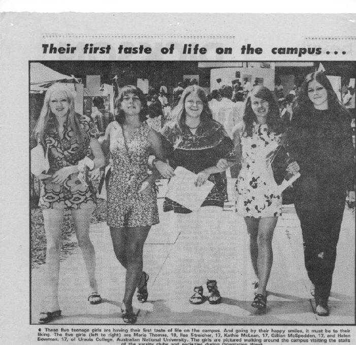 Jill McSpedden (second from right) in The Canberra Times in 1970 during her first week on campus. 