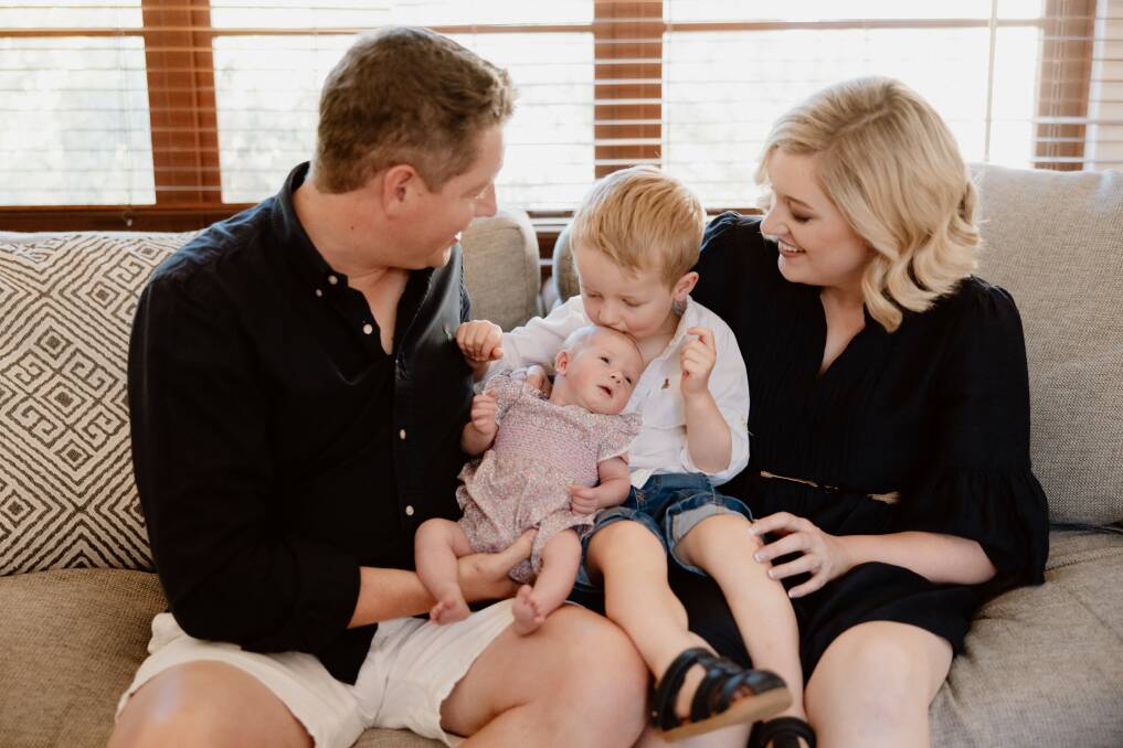 Nick Tyrrell and fiancee Courtney Mullen with children Thomas, three, and Matilda, now three months but newborn at the time. Picture supplied 