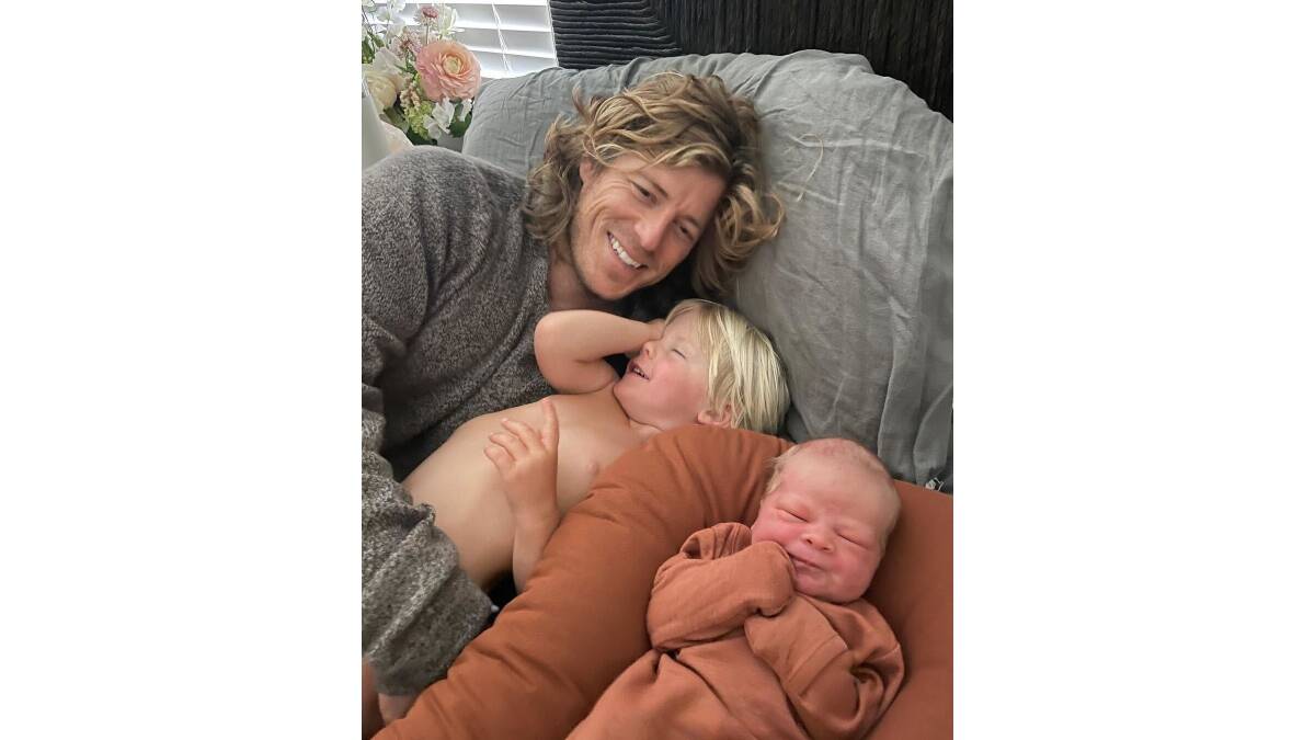 Torah's husband Angus Thomson with their sons, Flow, and newborn Halo Sundancer. Picture Instagram