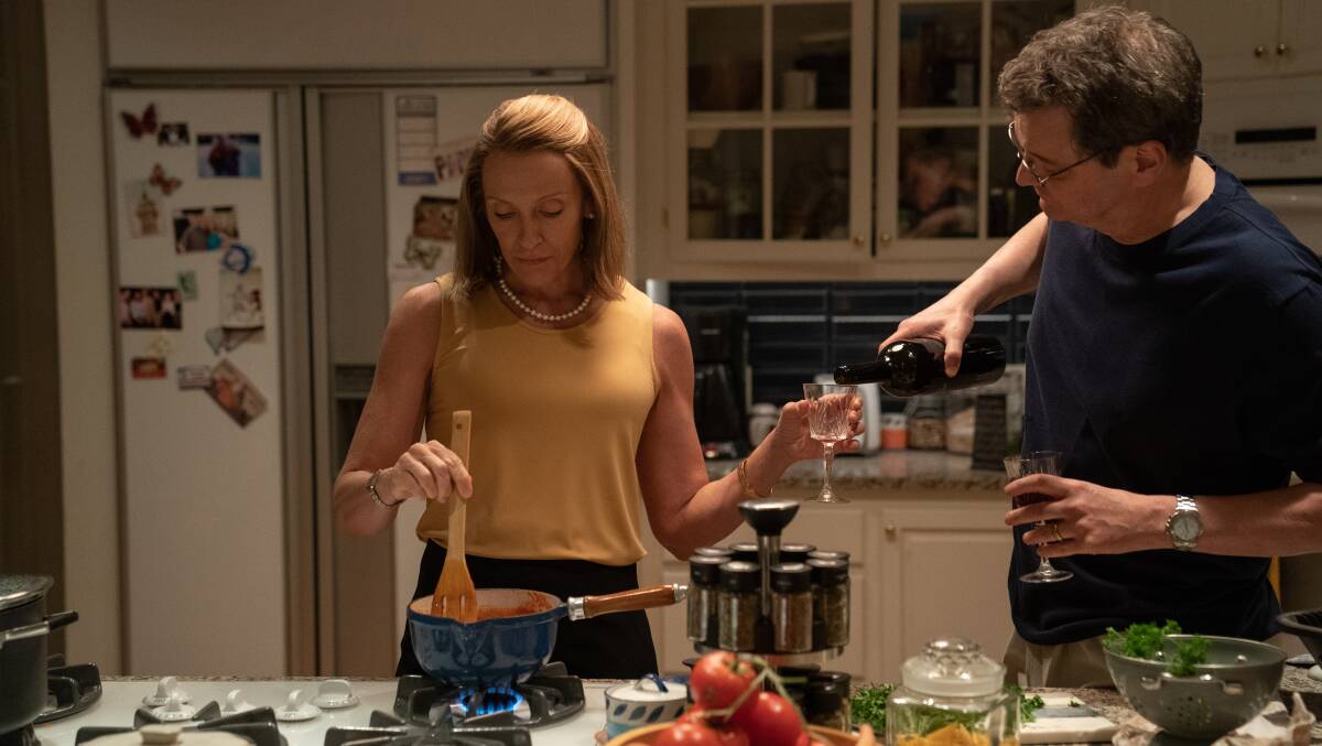 Toni Collette as Kathleen Peterson and Colin Firth as Michael Peterson. Picture: Binge/HBO