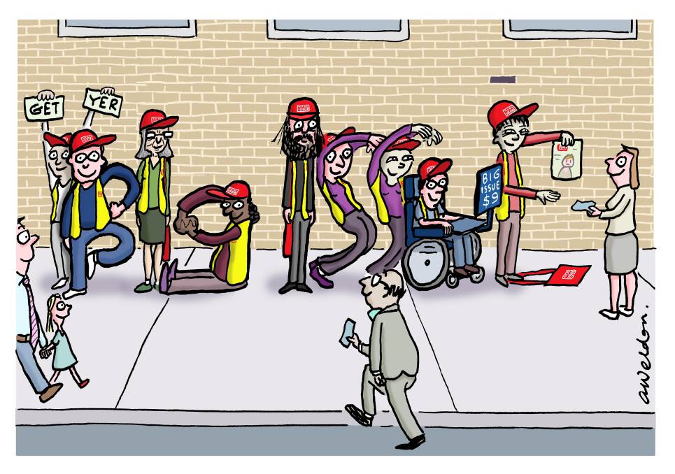 The latest edition of The Big Issue, out on Friday, includes a postcard, featuring a cartoon by Andrew Weldon, on which readers can send a message to a vendor. Picture: supplied