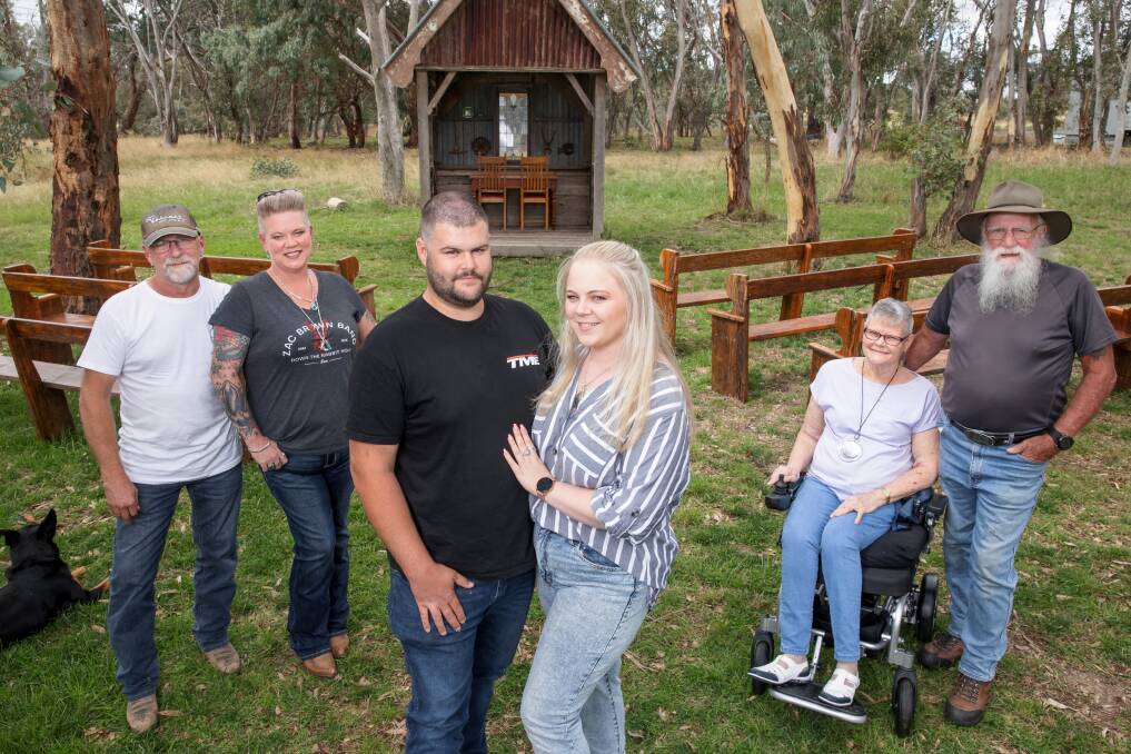 Craig and Meagan Wilks, Haiden Smith and Courtney Wilks and June and Steve Allen at Gold Creek Station, where Haiden and Courtney will marry on Saturday. Picture: Sitthixay Ditthavong