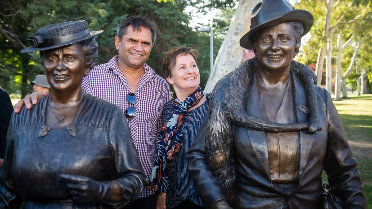 AFL great Nicky Winmar, who now paints, was in Canberra to support his friend Lis Johnson who created the sculpture. Picture by Karleen Minney