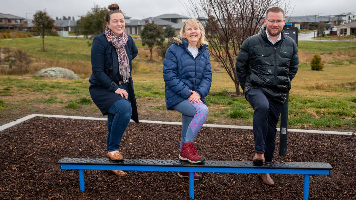 Googong Residents Association president Candice Cox, local resident Lyn Edwards and Queanbeyan-Palerang mayor Kenrick Winchster at this week's launch of the new fitness loop. Picture: Supplied