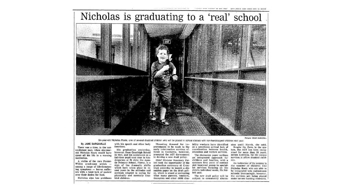 Nicholas Roots in The Canberra Times in 1994 graduating to kindergarten in a mainstream school. Picture supplied