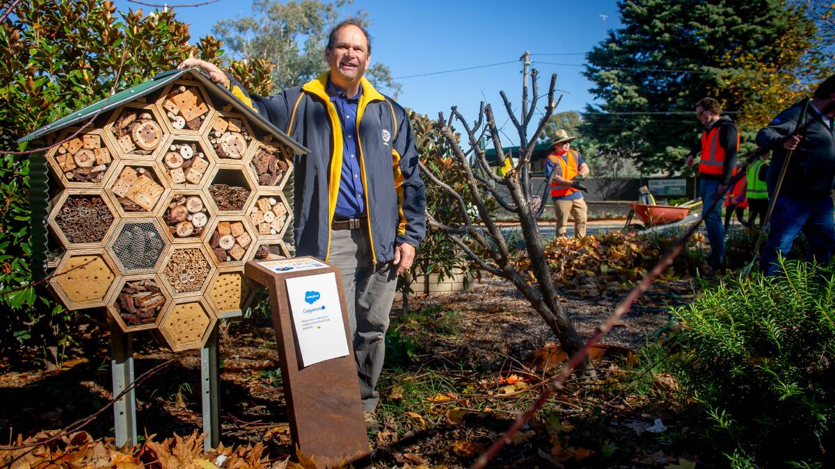 Jonathan Palmer from the Rotary Club of Hall says work is under way to make the little village at the northern border of the ACT a model bee-friendly community. Picture: Elesa Kurtz
