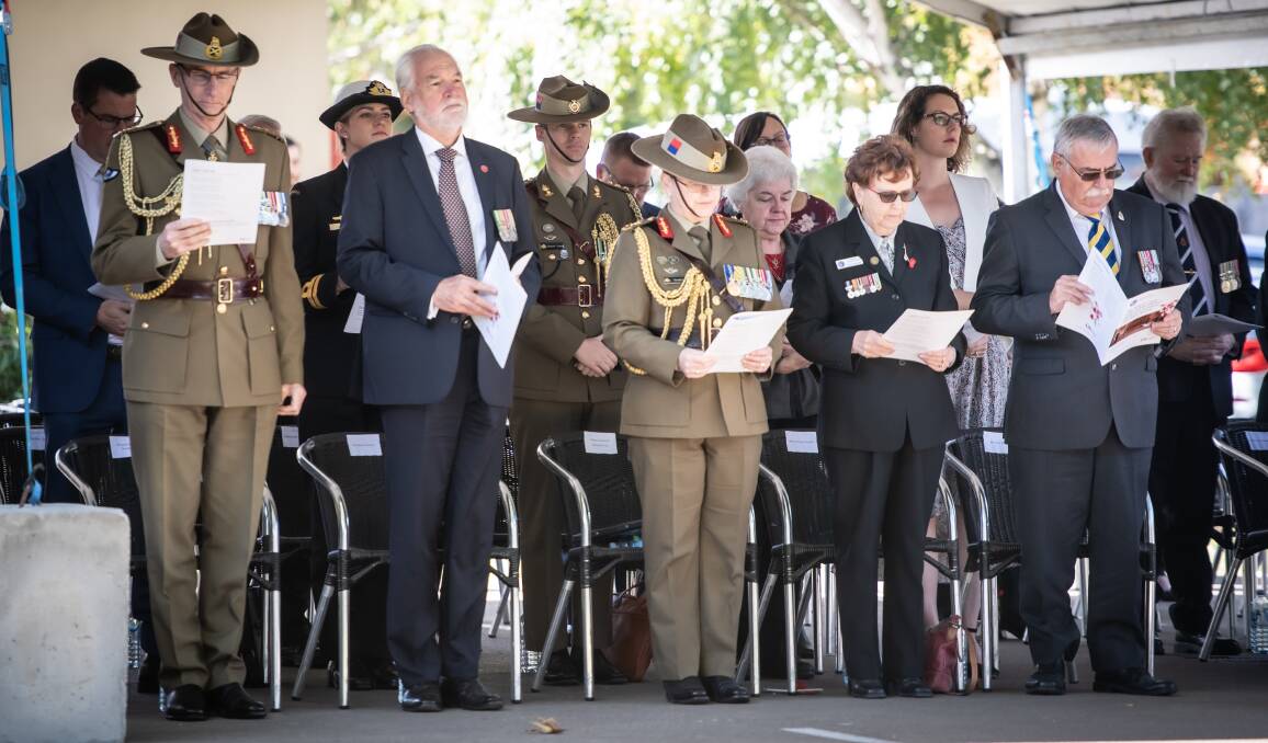 Dignitaries at the War Widows' 27th Field of Remembrance Dedication Ceremony and Anzac Service in Lyneham on Friday. Picture: Karleen Minney