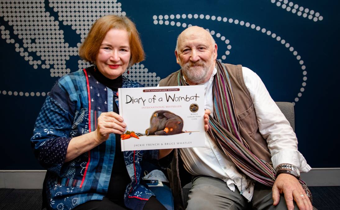 Diary of a Wombat author Jackie French and illustrator Bruce Whatley at the launch of the coin at the Mint yesterday. Picture: Elesa Kurtz