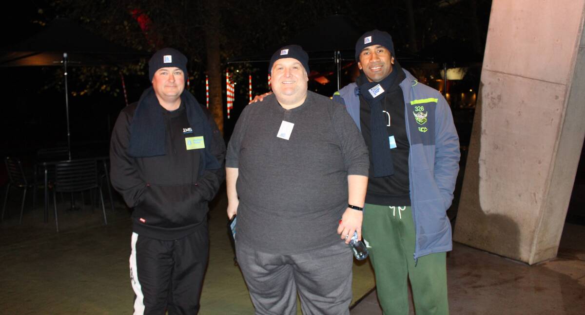 MBS FM director Nathan Volke, ex-Raiders star Sia Soliola and 2CC breakfast announcer Stephen Cenatiempo teamed up for the sleepout. Picture supplied 