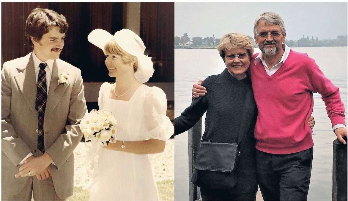 Canberra couple Robin Brown and Jill McSpedden on their wedding day in 1976 at Burgmann College and in more recent times. Pictures: Supplied
