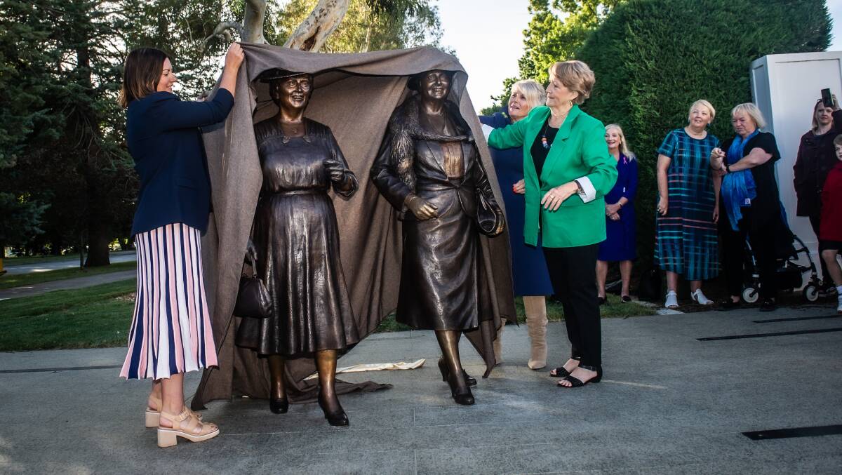 Labor MP Kristy McBain, the first woman to hold the seat of Eden-Monaro, unveiled the sculpture with Enid Lyon's grand-daughter Libby Lyons (left) and Dorothy Tangney's niece Maxine Muir. Picture by Karleen Minney