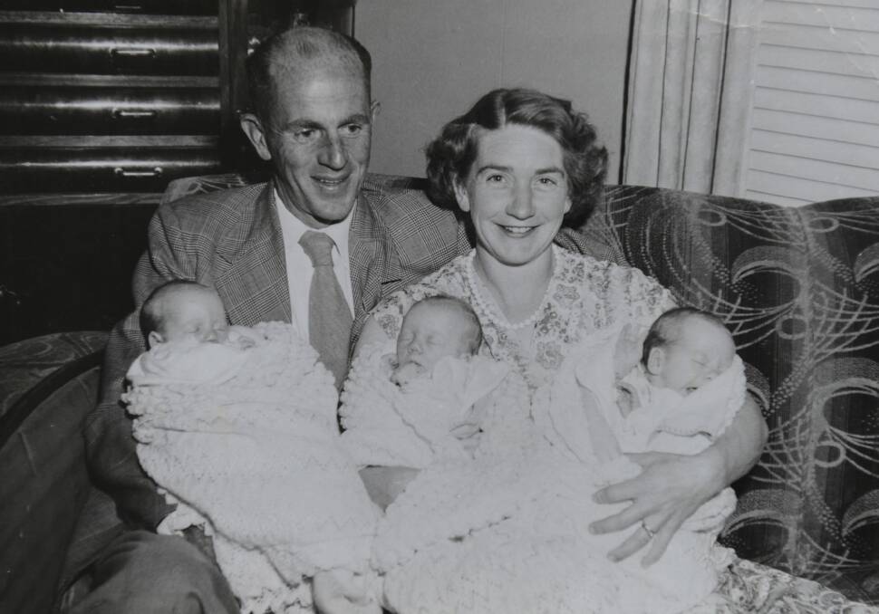 Tom and Elaine French with the triplets soon after they were born in 1958. Picture: Supplied