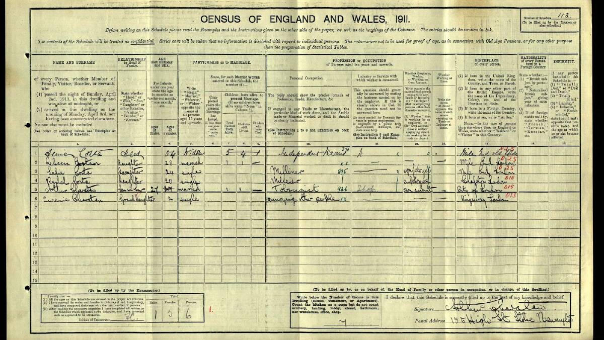 In the 1911 Census of England and Wales, a woman put her two-year-old granddaughter's occupation as "annoying other people". Picture: Supplied