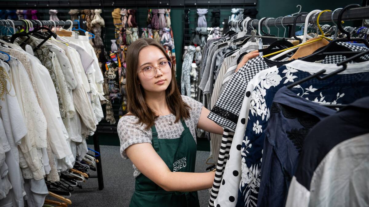 Uni student Isla Nichol, 20, works part-time at The Green Shed Underground op shop, not least because she loves its recycling ethos and big to stop fast-fashion. Picture by Elesa Kurtz