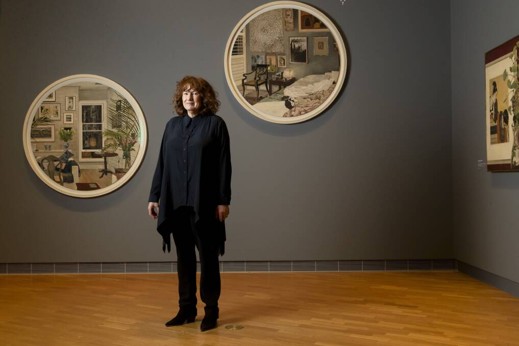 Cressida Campbell at the National Gallery on Friday with, right, the work purchased by the gallery, Bedroom nocturne. Picture by Keegan Carroll