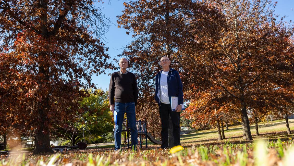 Narrabundah residents Brian Dennis and Vic Smorhun with some of the trees that will be removed. Picture by Gary Ramage.