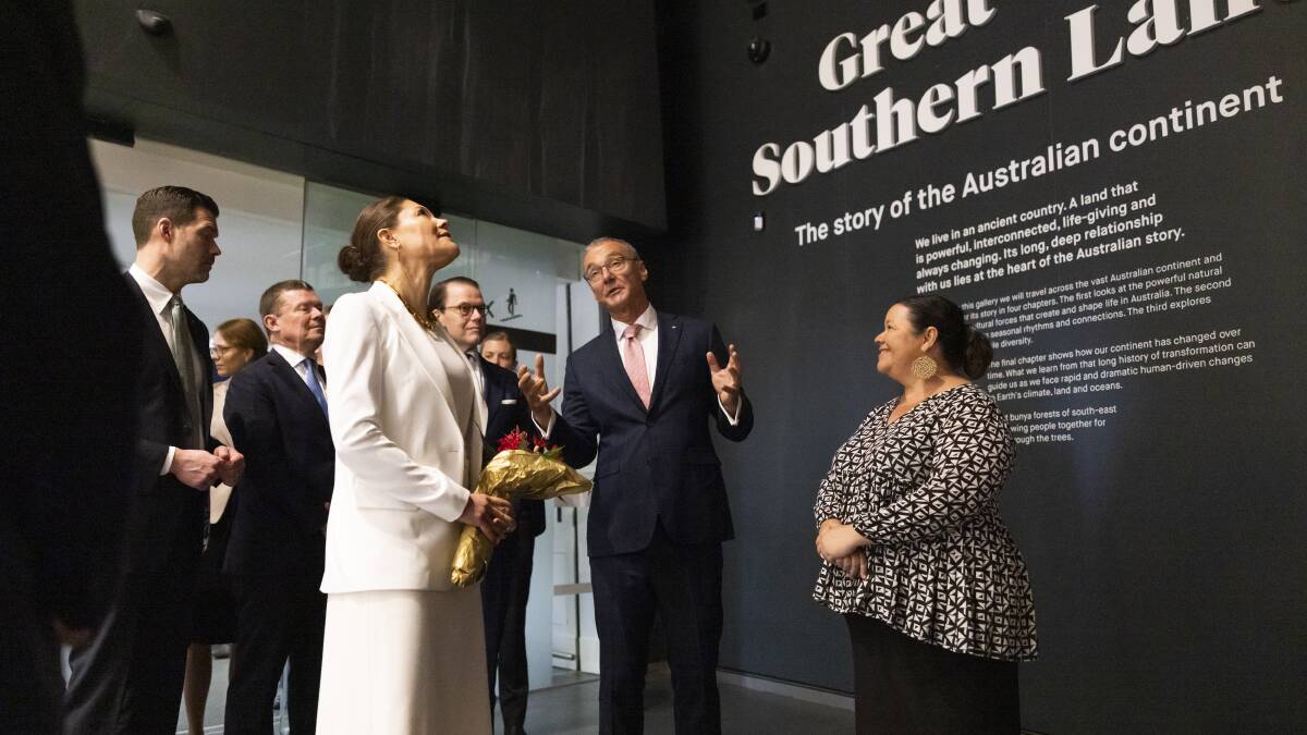 Princess Victoria with National Museum of Australia director Mathew Trinca and Fiona Jose, chair of the NMAs Indigenous Reference Group. Picture by Keegan Carroll