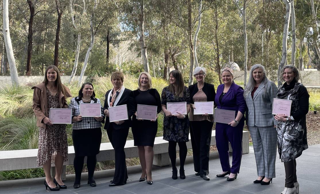 Guest speaker, Emergency Services Agency Commissioner Georgeina Whelan (second from right) with some of the finalists from the Lifeline Canberra Women of Spirit Awards (left to right) Robyn Smith, Serina Bird, Belinda Barnier, Melita Flynn, Kathie Potts, Hilary Wardhaugh, Heidi Prowse and Elizabeth Coleman. Picture: Megan Doherty