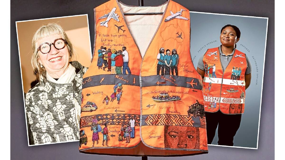 Canberra artist Sharon Peoples with the vest she embroidered for Victorian transport worker, Ninah. Pictures supplied 
