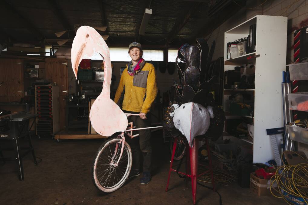 Travis Bullock with his pink flamingo running bike in Make Hack Void, a community maker space in Giraling. Picture: Dion Georgopoulos 