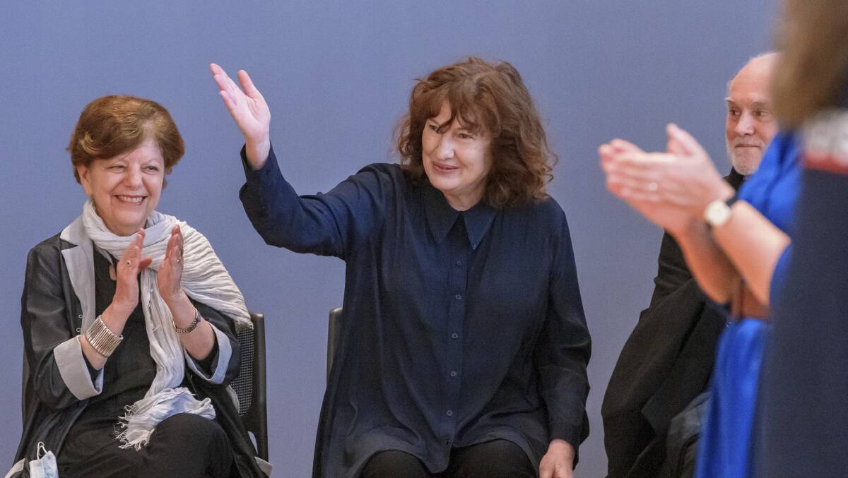 Cressida Campbell responds to applause at the launch of her exhibition at the National Gallery on Friday. Picture by Keegan Carroll