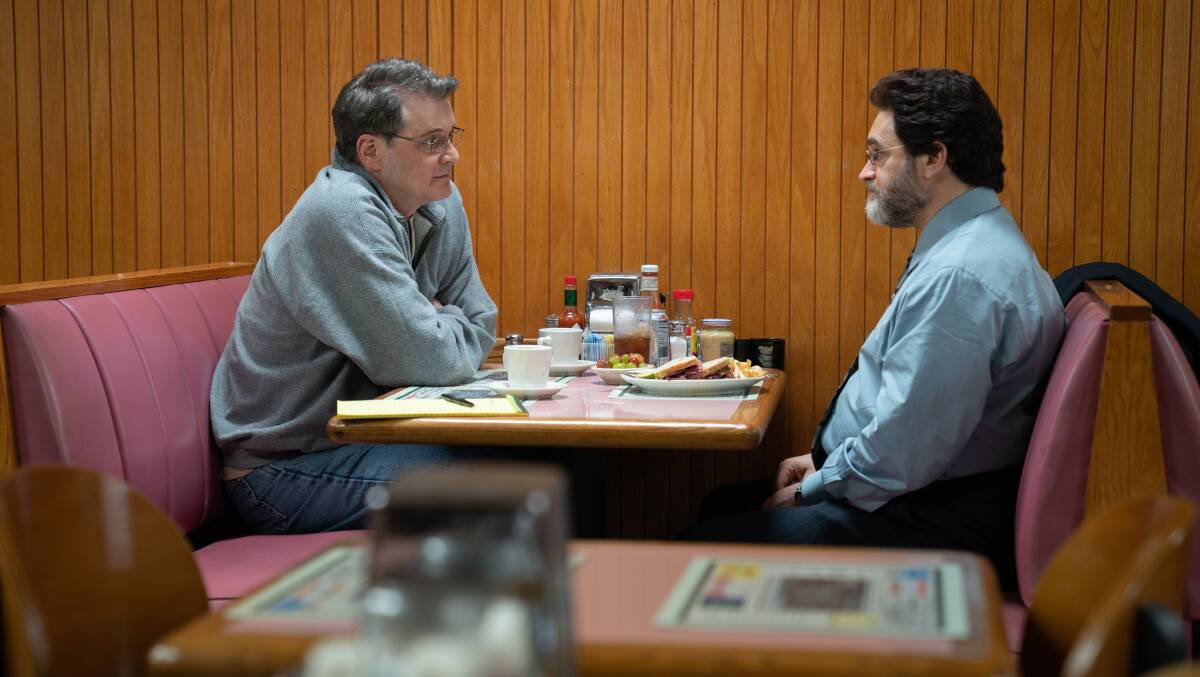 Colin Firth as Michael Peterson and Michael Stuhlbarg as his lawyer David Rudolf in a scene from the new HBO series The Staircase. Picture: Binge/HBO