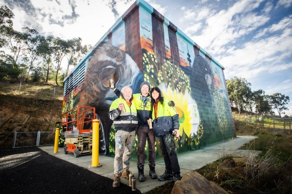 Pete, Geoff and Jenny Filmer with the new mural. Picture: Karleen Minney