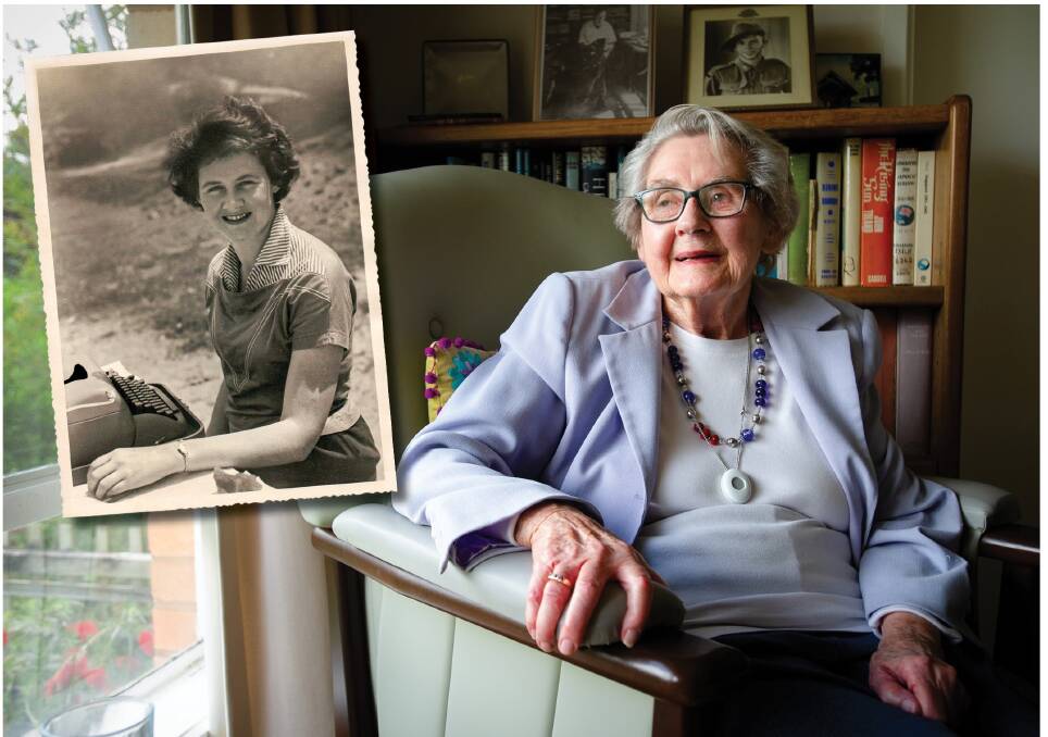 Dr Patricia Clarke in her Deakin home this week and (inset) working as a journalist in the 1950s. Main picture by Elesa Kurtz