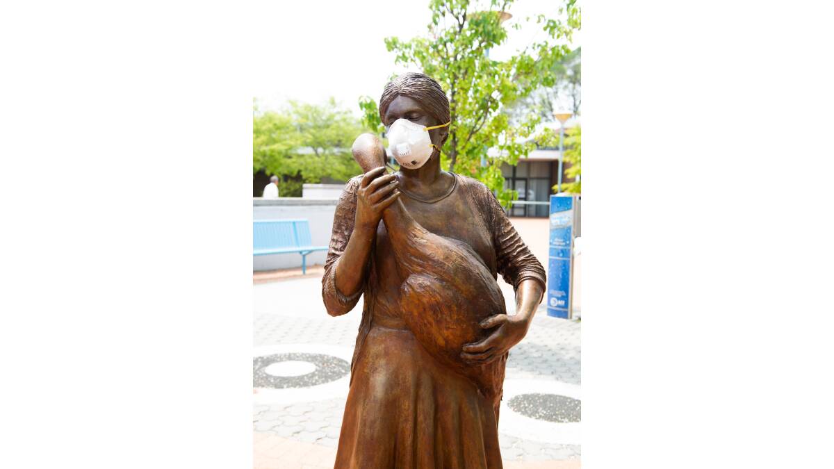 Someone made sure the sculpture at the Hughes shops was protected from bushfire smoke in the summer of 2019-20. Picture by Elesa Kurtz