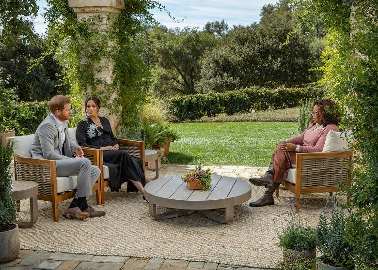 Harry and Meghan with Oprah. Picture: WIN publicity