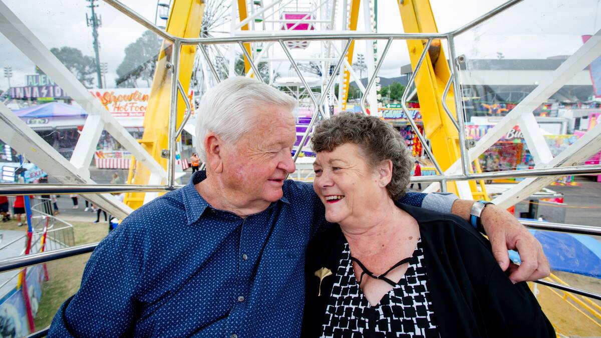 Graeme and Jannette Swinton back on the ferris wheel at the Royal Canberra Show on Friday, 50 years after their first date there. Picture: Elesa Kurtz