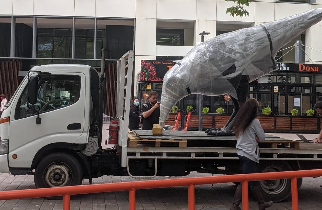 Big Swoop arrives wrapped in plastic to Garema Place on Wednesday. Picture: Megan Doherty