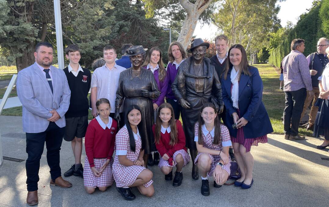 Students and teachers from the Lyons House at Daramalan College were also at the unveiling (l-r) Lyons House pastoral care advisor Andrew Withers, Samuel Bethune, Jack Fraser, Sophia Bissell, Luke Downey, Lachlan Hynd and Lyons House coordinator Louise Chapman and (front) Ella Pavkovic Sena, Alicia Villena, Laila Pavkovic Sena and Amy Kingma. Picture by Megan Doherty
