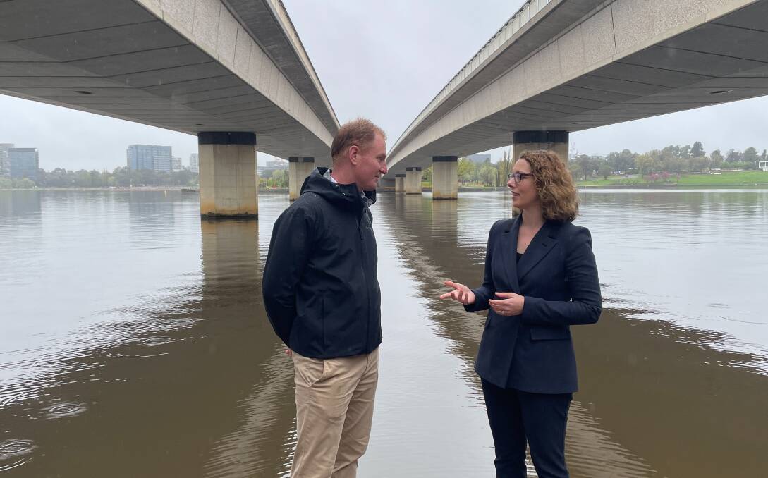 Commonwealth Avenue Bridge Renewal project director Greg Tallentire with Canberra MP Alicia Payne. Picture by Megan Doherty