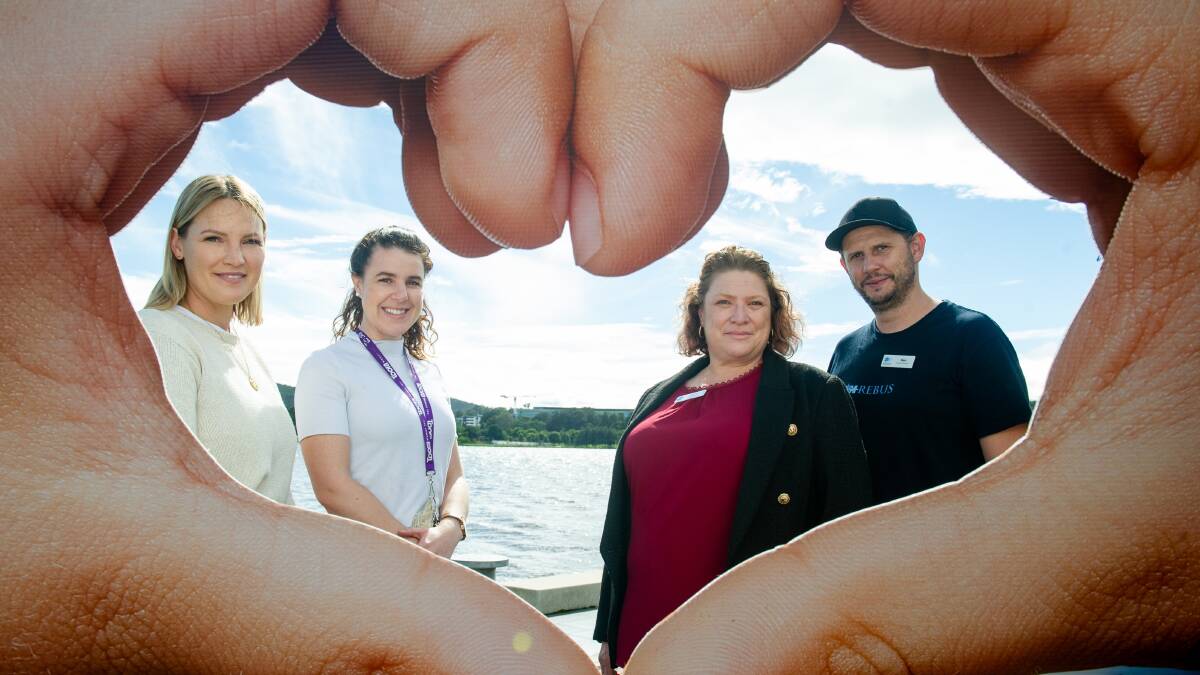 Amanda Gillman from Common Ground Canberra, Brigette Honeyman from Toora Women's Inc, Donna Lambert from Raise Foundation and Ben Drysdale from Rebus Theatre at Hands Across Canberra Canberra Day Appeal launch. Picture: Elesa Kurtz 