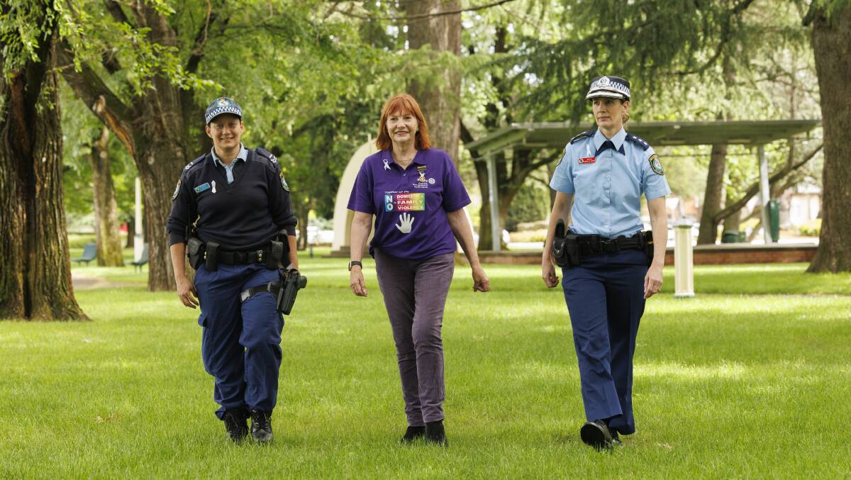 Rotary District 9705 Governor, Andrea Grosvenor (centre) with Senior Constable Maria Papanicolaou, domestic violence officer for the Monaro police district, and Inspector Danielle Byrne, in Queanbeyan yesterday. Picture by Keegan Carroll