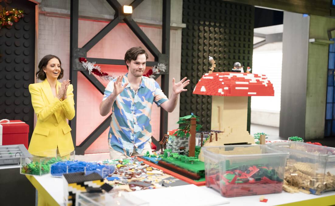 Brooke Boney and Canberra's Michael Ryan on the set of the LEGO Masters Bricksmas special. Picture: Supplied